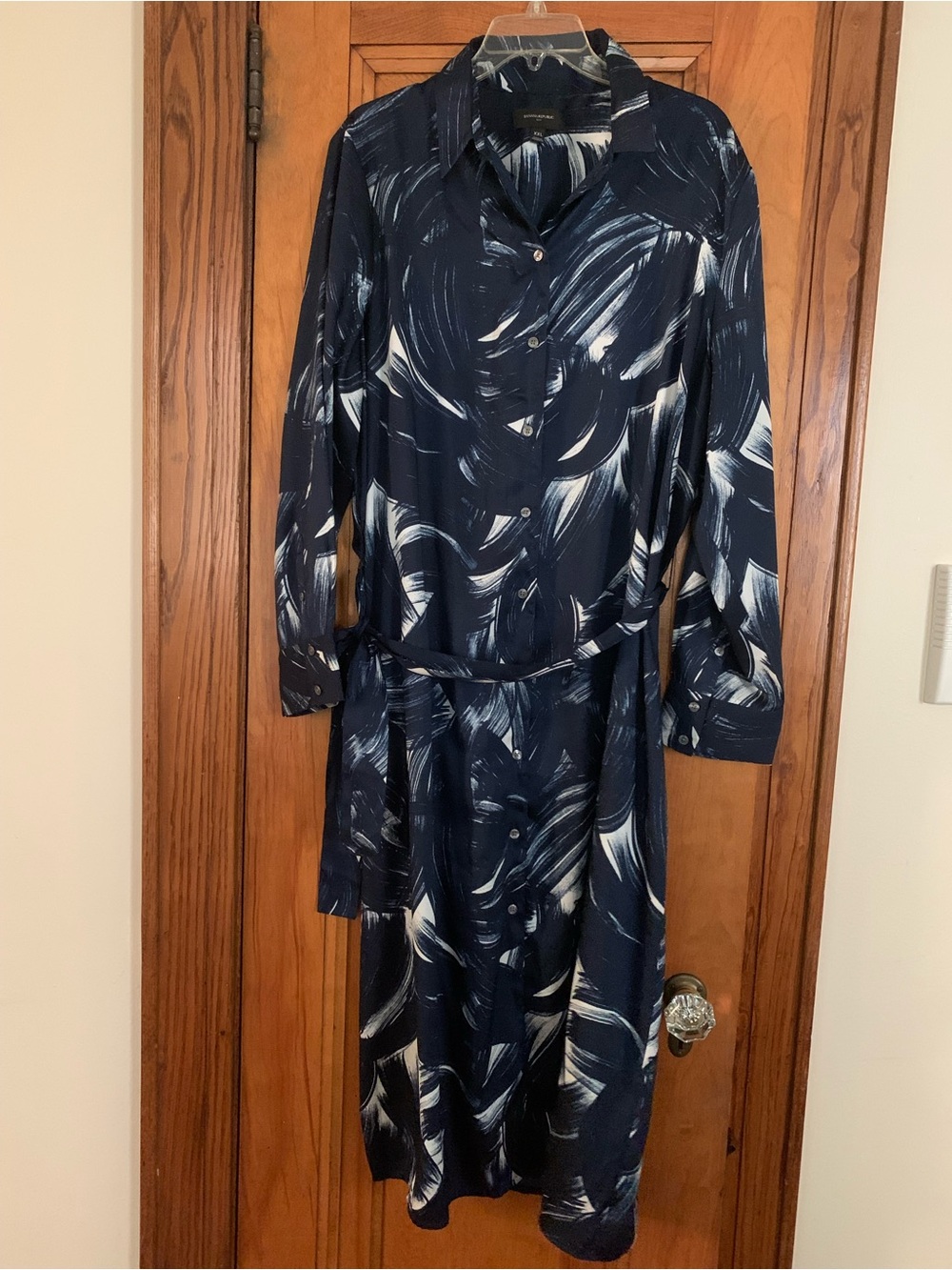 Banana Republic Navy and White Brushstroke Long Sleeve Shirt Dress